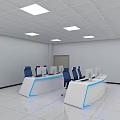 Monitoring Room Interior With Curved Console Desks Computer Monitors And Blue Chairs