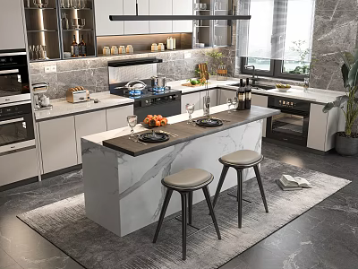 Modern Kitchen Interior Design With Marble Island Counter And Stylish Stools 3d model