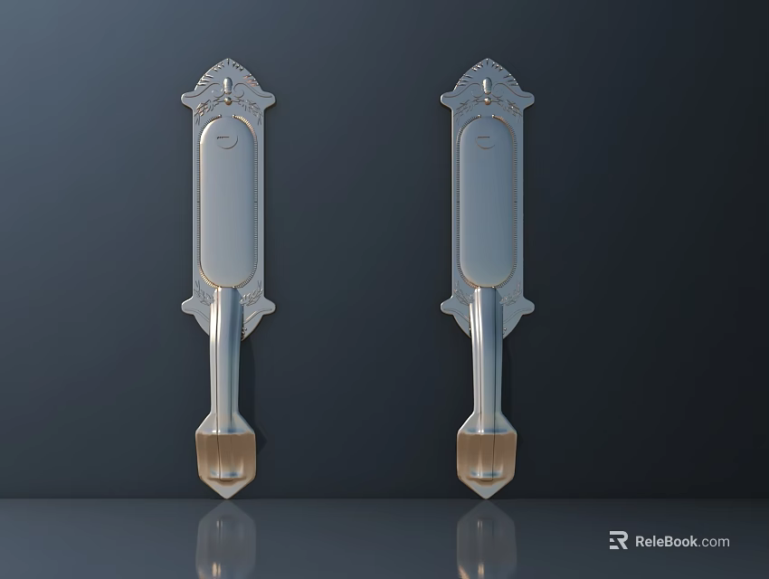 Two Decorative Silver Metal Door Handles With Intricate Designs On Dark Background 3d model 