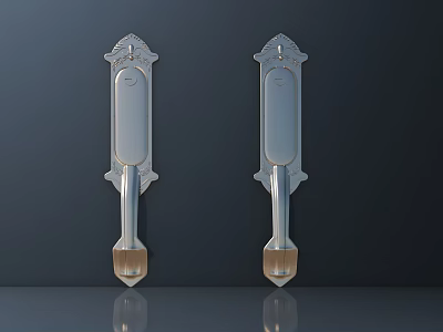 Two Decorative Silver Metal Door Handles With Intricate Designs On Dark Background 3d model