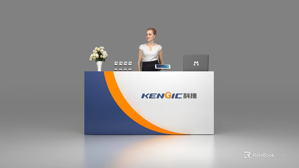Modern KENQIC Reception Desk Blue White Orange with White Flowers Numeric Keypad and Staff 3d model 