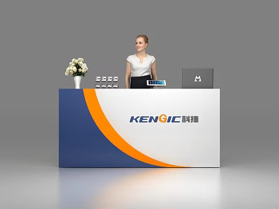 Modern KENQIC Reception Desk Blue White Orange with White Flowers Numeric Keypad and Staff 3d model