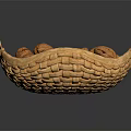 Fresh Walnuts in Wicker Basket Display on Dark Surface with Reflection