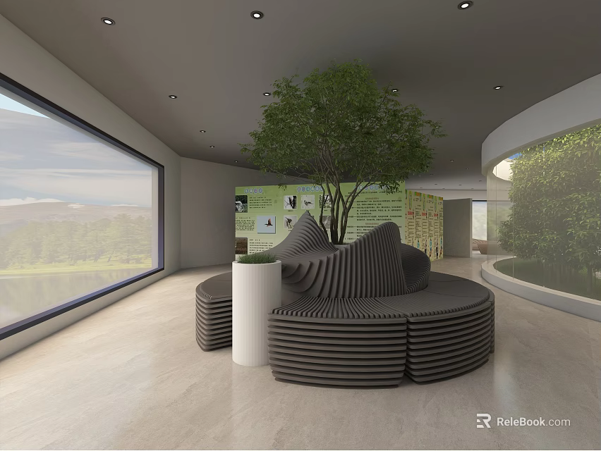 Cultural Center Modern Interior With Green Tree Art Installations And Exhibition Space 3d model 