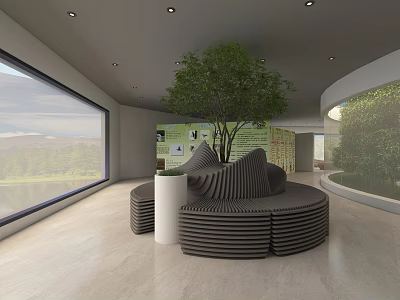 Cultural Center Modern Interior With Green Tree Art Installations And Exhibition Space 3d model