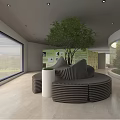 Cultural Center Modern Interior With Green Tree Art Installations And Exhibition Space