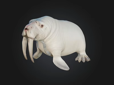 Realistic White Walrus With Long Tusks And Flippers On Black Background 3d model