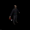 Man In Dark Blue Jacket Red Green Accents Holding Silver Megaphone Gray Pants Full Body