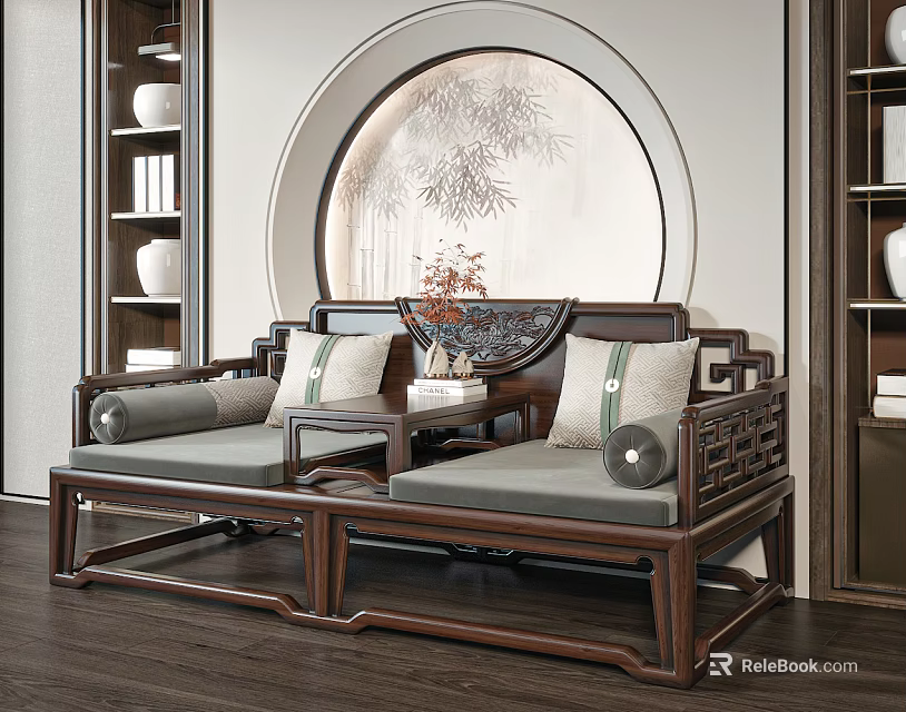 Chinese Traditional Arhat Daybed with Wooden Frame Light Cushions and Round Decorative Painting 3d model 