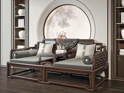Chinese Traditional Arhat Daybed with Wooden Frame Light Cushions and Round Decorative Painting 3d model