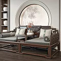 Chinese Traditional Arhat Daybed with Wooden Frame Light Cushions and Round Decorative Painting