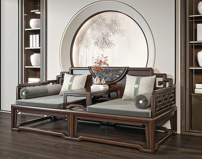 Chinese Traditional Arhat Daybed with Wooden Frame Light Cushions and Round Decorative Painting 3d model