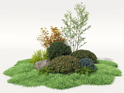 Green Shrubs With Colorful Plants Small Trees Grass And Stone In Garden Landscape 3d model