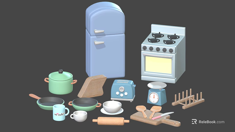 Essential Kitchen Electronic Appliances Including Refrigerator Stove And Mixer 3d model 
