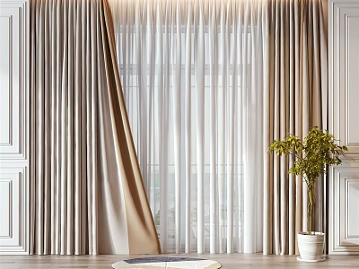 Elegant Light Brown White Sheer Curtains In Modern Interior With Green Plant And Round Rug 3d model