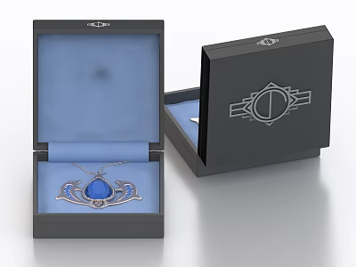Elegant Jewelry Necklace With Blue Gemstone In Black Box Featuring Blue Lining 3d model
