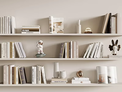 Books And Magazines On Minimalist White Bookshelf With Small Statues Vases And Decor 3d model