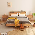 Cozy Wooden Double Bed in Bright Bedroom with Gray Yellow Blankets Nightstand Lamp Dresser Guitar