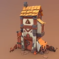 Cartoon Style Building Scene With Wooden Door Decorations And Items
