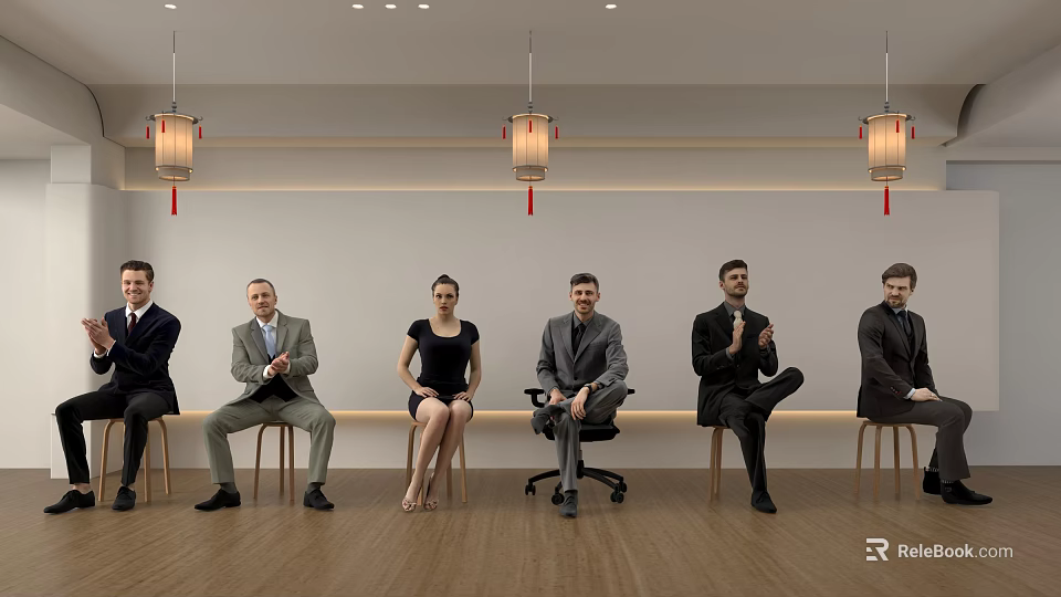 Group of People Sitting on Chairs in Indoor Setting With Hanging Lanterns and Wooden Floor 3d model 
