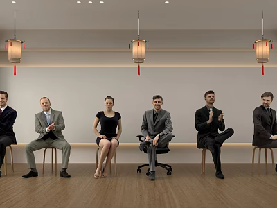 Group of People Sitting on Chairs in Indoor Setting With Hanging Lanterns and Wooden Floor 3d model