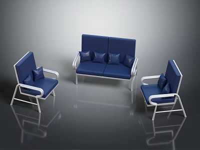 Navy Blue Sofa And Two Chairs With White Frames And Decorative Cushions 3d model