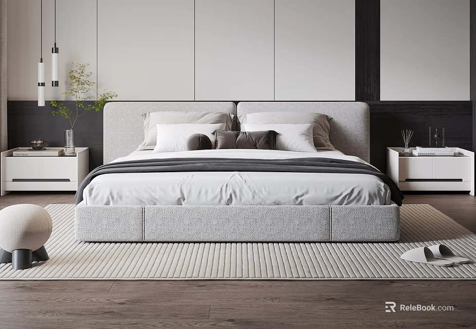 Modern Double Bed with Gray Headboard White Bedding and Wooden Floor in Stylish Bedroom 3d model 