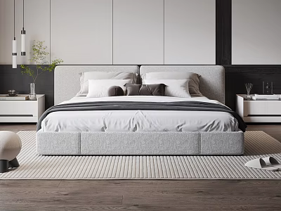 Modern Double Bed with Gray Headboard White Bedding and Wooden Floor in Stylish Bedroom 3d model