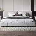 Modern Double Bed with Gray Headboard White Bedding and Wooden Floor in Stylish Bedroom