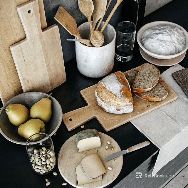 Essential Kitchen Utensils Including Wooden Cutting Boards Spoons Fresh Bread Pears And Cheese 3d model 