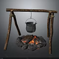 Outdoor Arbor Made Of Wooden Poles With Hanging Pot Over Burning Campfire Stones