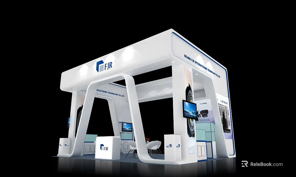 ETAR Modern White Exhibition Booth With Tire Displays Electronic Screens And Furniture 3d model 