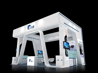 ETAR Modern White Exhibition Booth With Tire Displays Electronic Screens And Furniture 3d model