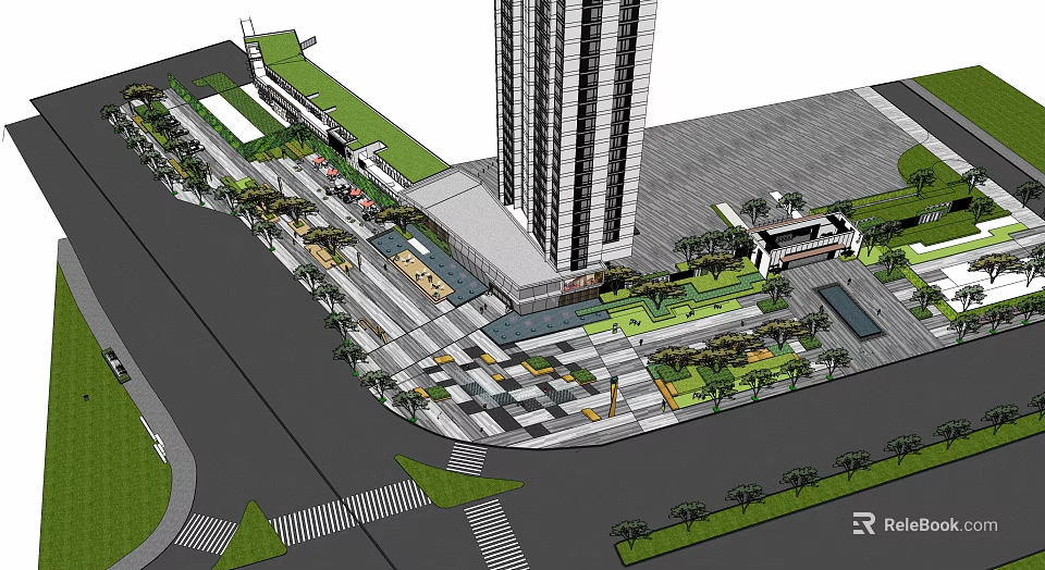 Modern Commercial Street With Tall Building Landscaped Areas Paved Square And Pedestrian Walkways 3d model 
