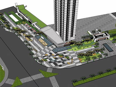 Modern Commercial Street With Tall Building Landscaped Areas Paved Square And Pedestrian Walkways 3d model