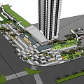 Modern Commercial Street With Tall Building Landscaped Areas Paved Square And Pedestrian Walkways