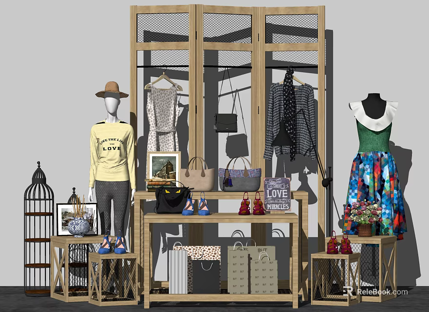 Fashion Store Mannequins Displaying Clothes Bags Hats On Wooden Shelves With Decor 3d model 
