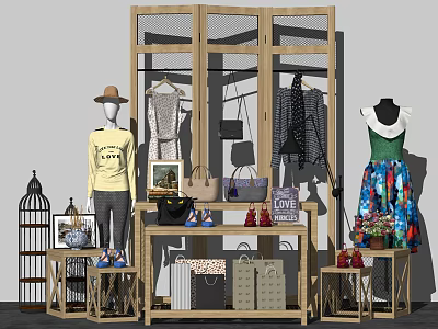 Fashion Store Mannequins Displaying Clothes Bags Hats On Wooden Shelves With Decor 3d model