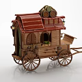 Wooden Carriage With Red Roof Wooden Barrels Lantern Windows And Wheels