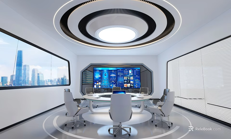 Modern Conference Room Featuring Circular Table Multiple Chairs Large Tech Screen And City View Windows 3d model 
