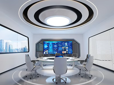 Modern Conference Room Featuring Circular Table Multiple Chairs Large Tech Screen And City View Windows 3d model