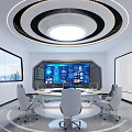Modern Conference Room Featuring Circular Table Multiple Chairs Large Tech Screen And City View Windows 3d model