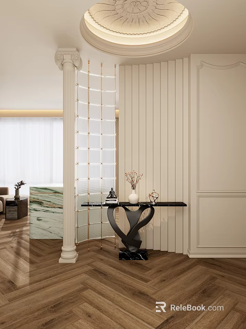 Modern Entryway Hallway Interior Design With White Grid Screen Black Console Table And Vase Decorations 3d model 