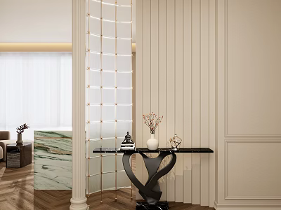 Modern Entryway Hallway Interior Design With White Grid Screen Black Console Table And Vase Decorations 3d model