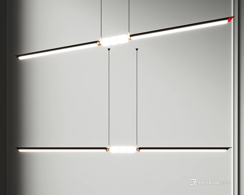 Modern Sleek Linear Pendant Lights With LED Lighting Hanging In Minimalist Kitchen 3d model
