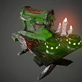 Ancient Green Treasure Chest With Lit White Candles And Green Cups On Wooden Platform