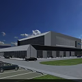 Industrial Plant With Modern Architecture Large Glass Windows Parking Area Green Lawn And Blue Sky