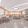 Modern School Classroom Interior With Bright Desks Chairs And Digital Learning Screens