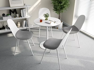 White Round Table with Four Grey Chairs by Window with Bookshelf and Green Plant 3d model