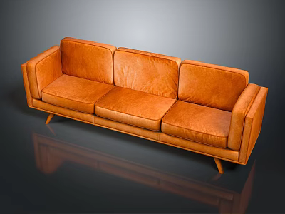 Stylish Orange Leather Three Seater Sofa With Wooden Legs Modern Design 3d model